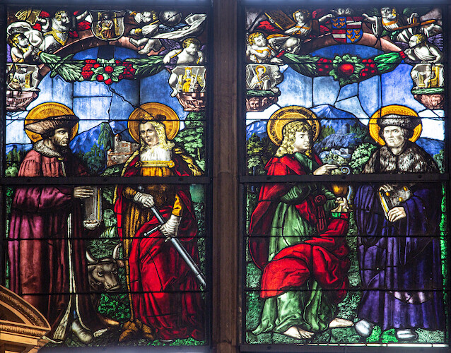 The patron saints of the University’s faculties: Luke the Evangelist (medicine), St Catherine (philosophy), John the Apostle (theology) and St Ives (law).
