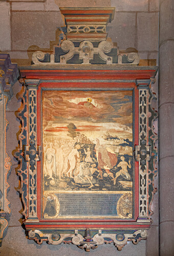 Epitaph for Christoph Eliner († 1575), professor of theology. It depicts the vision of the prophet Ezekiel: In his vision, the prophet is commanded to carry a prophecy. As he's standing in a valley full of dry human bones, the bones connect back into human figures, covered with flesh and skin – God reveals the dead as the people of Israelites and commands the prophet to to revitalize these human figures, to resurrect them and to bring them to the Holy Land.