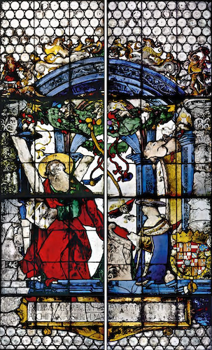 King Philip I is shown in the right window before Andrew the Apostle, the patron saint of both that order and Burgundy. Philip’s multipartite royal coat of arms bespeaks his numerous dominions.