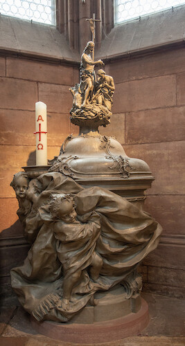 Baroque baptismal font, designed by Johann Christian Wentzinger, 1768, stone and wood.