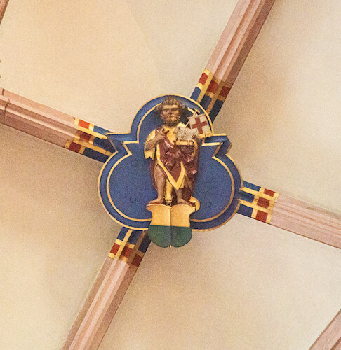 Schnewlin’s coat of arms together with his patron saint on the boss in the anteroom.