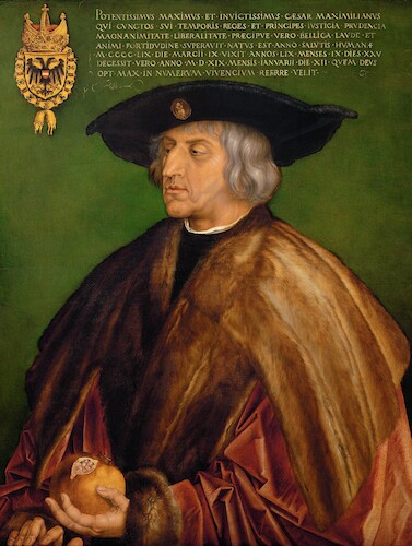 Emperor Maximilain I. as depicted by Albrecht Dürer in 1519 on a portrait in the Kunsthistorsiches Museum Vienna.