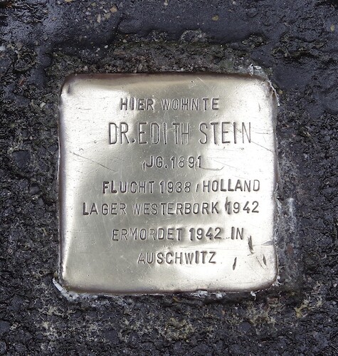 The stumbling stone (called 'Stolperstein') in memory of Edith Stein at Goethestraße 63 in Freiburg. There are a total of nine stumbling stones in Germany and Poland in memory of the philosopher.