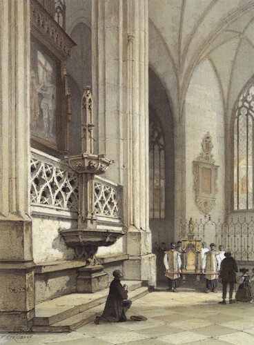 This lithograph from 1881 shows a procession in the choir aisle. The Mary Fountain can be seen without the statue of the Virgin Mary, which was removed in the 19th century.